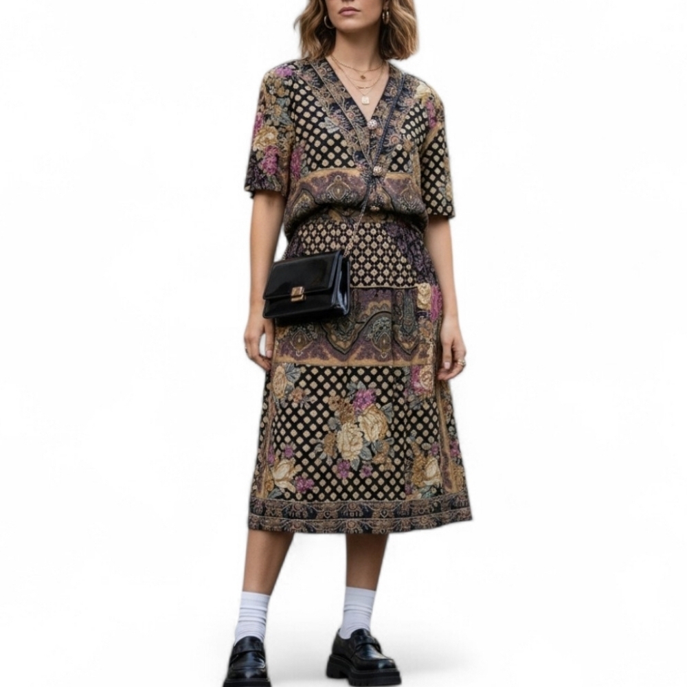Vintage skirt floral academia and buttondown top set